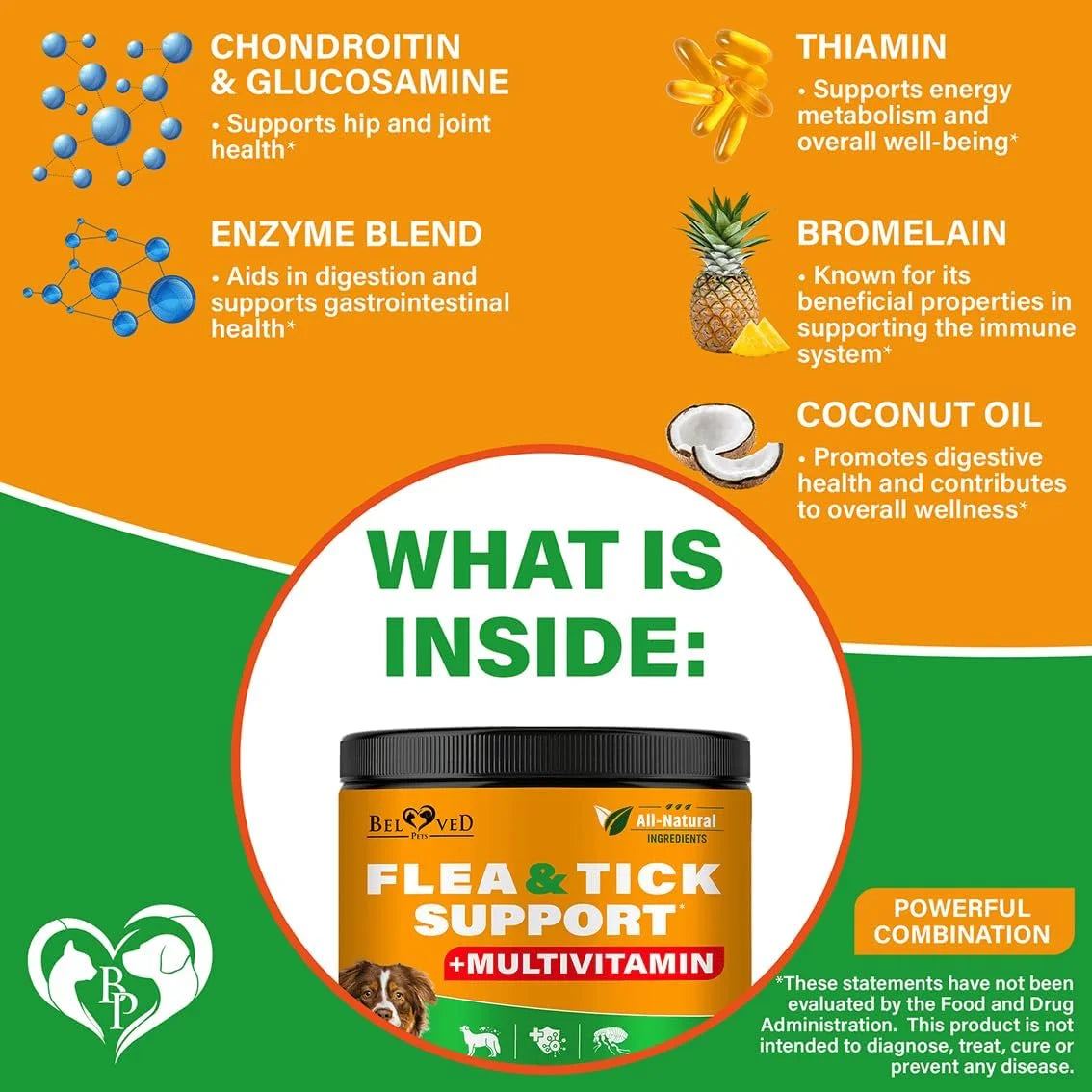 Natural Flea & Tick Support + Complex Multivitamin Chicken Flavored Soft Chew for Skin & Coat Supplement for Dogs, 10-Oz Jar