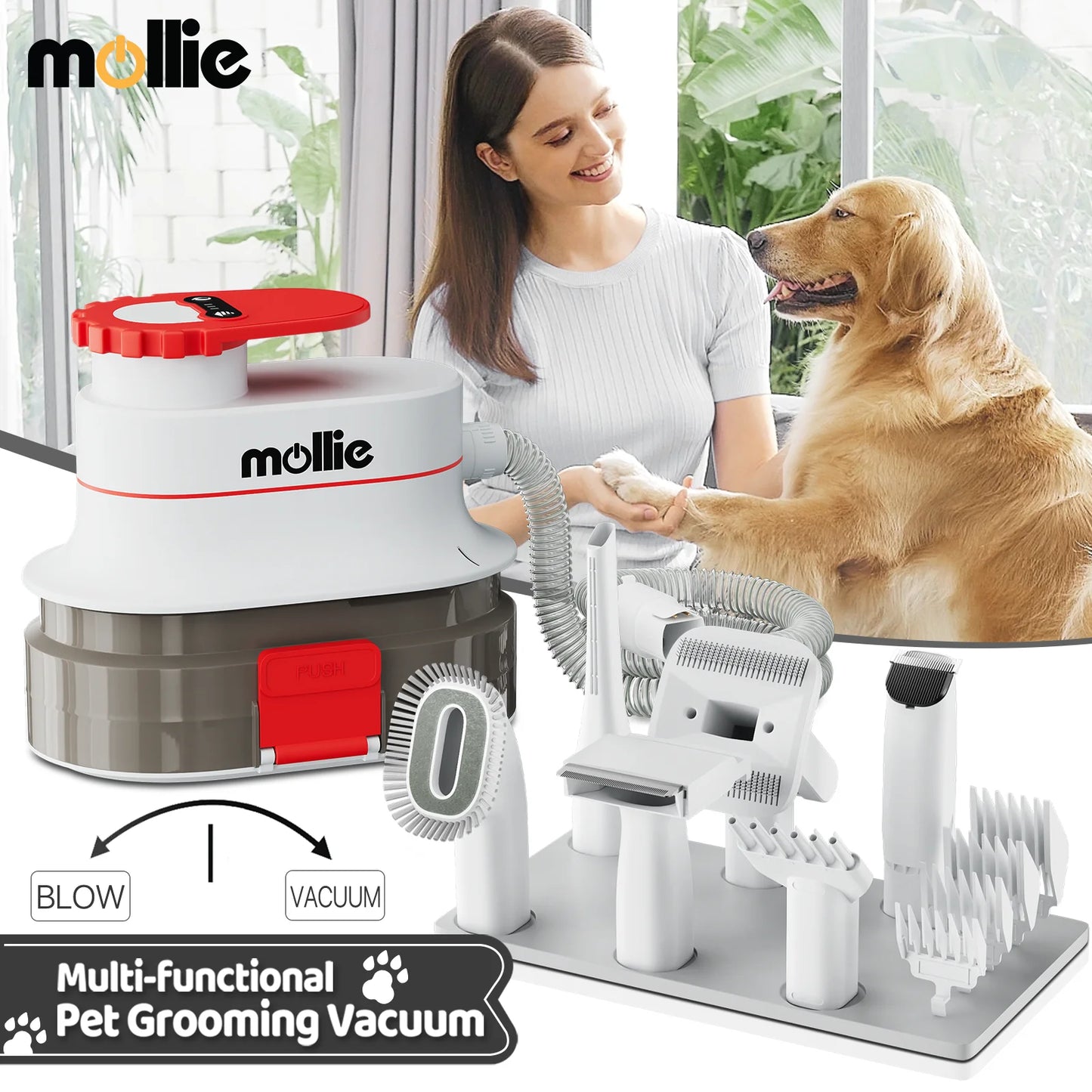 3In1 Dog Grooming Kit & Vacuum & Blower, Professional Pet Grooming Trimmer with Guide Combs, Dog Cat Hair Dryer with 3 Modes Speed Adjustable, 4L Dust Cup, Red