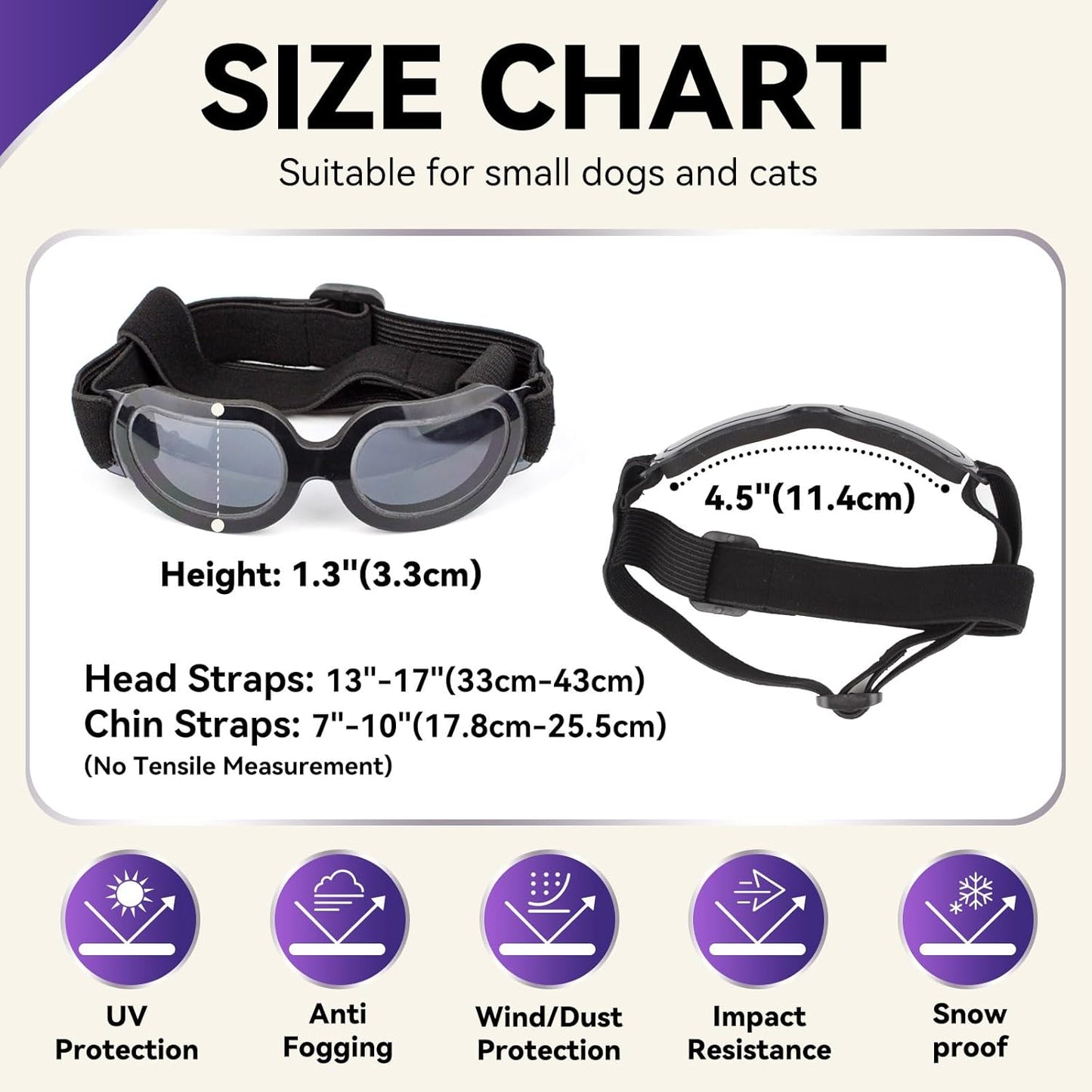 Dog Goggles Small Breed, Puppy Sunglasses UV Protection, Summer Dog Eye Protection for Small Dogs Outdoor Driving Riding, Winter Antifog Pet Snow Goggles, Cool Black