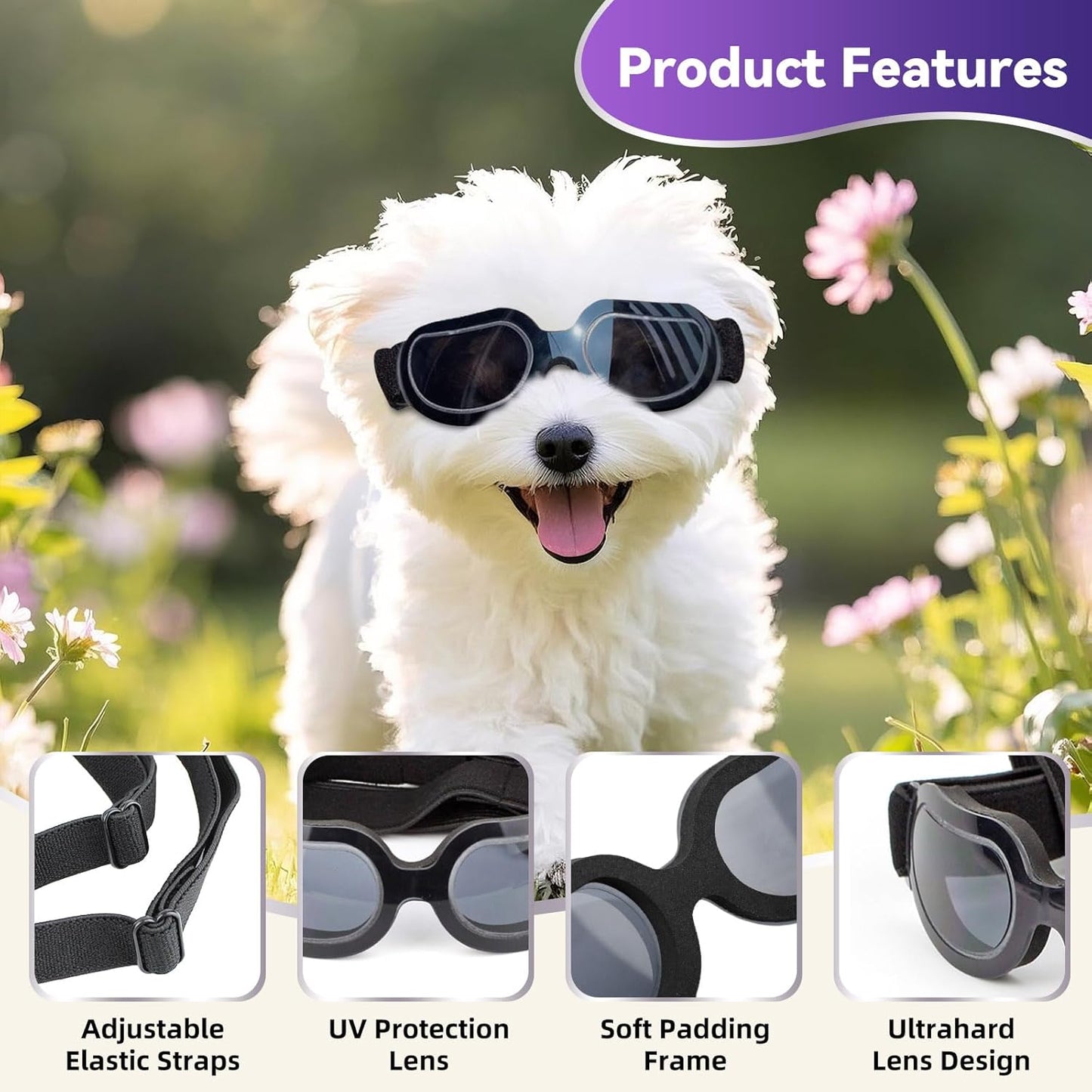 Dog Goggles Small Breed, Puppy Sunglasses UV Protection, Summer Dog Eye Protection for Small Dogs Outdoor Driving Riding, Winter Antifog Pet Snow Goggles, Cool Black