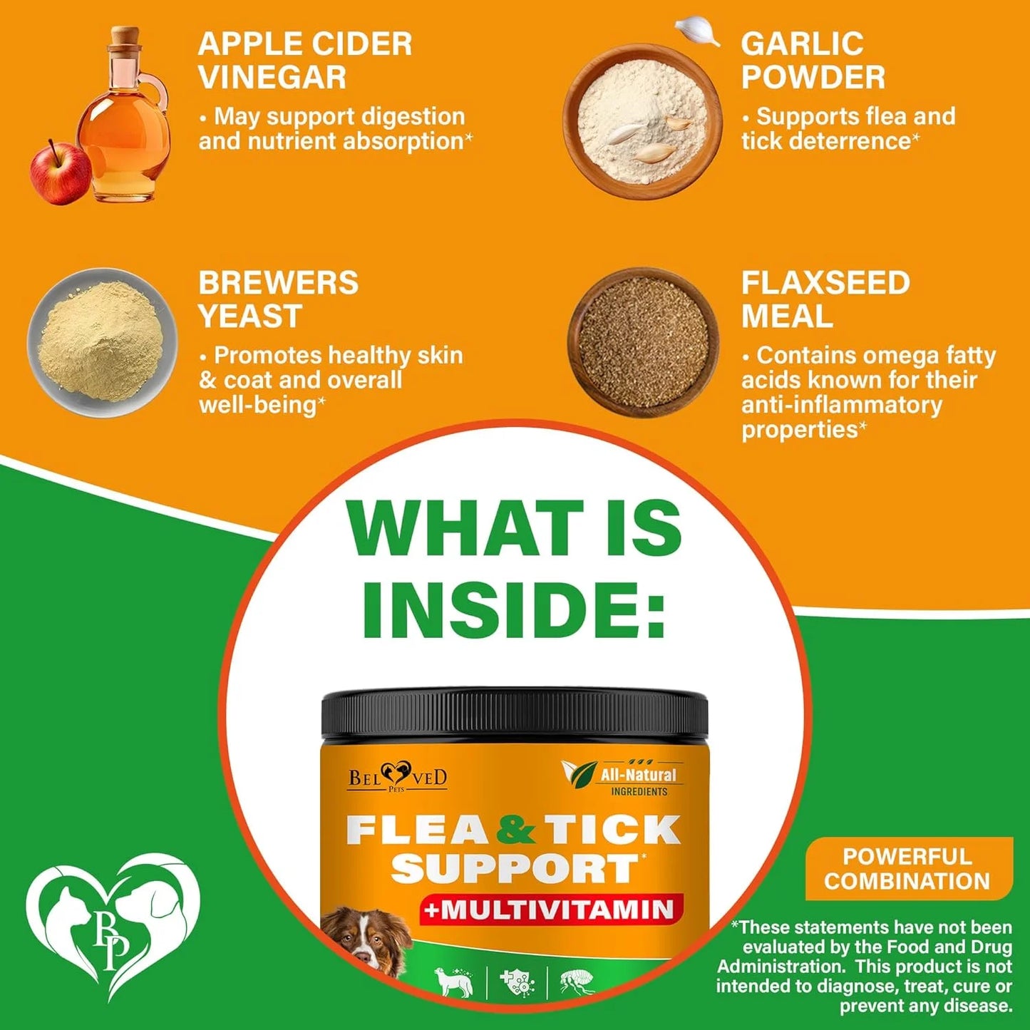 Natural Flea & Tick Support + Complex Multivitamin Chicken Flavored Soft Chew for Skin & Coat Supplement for Dogs, 10-Oz Jar