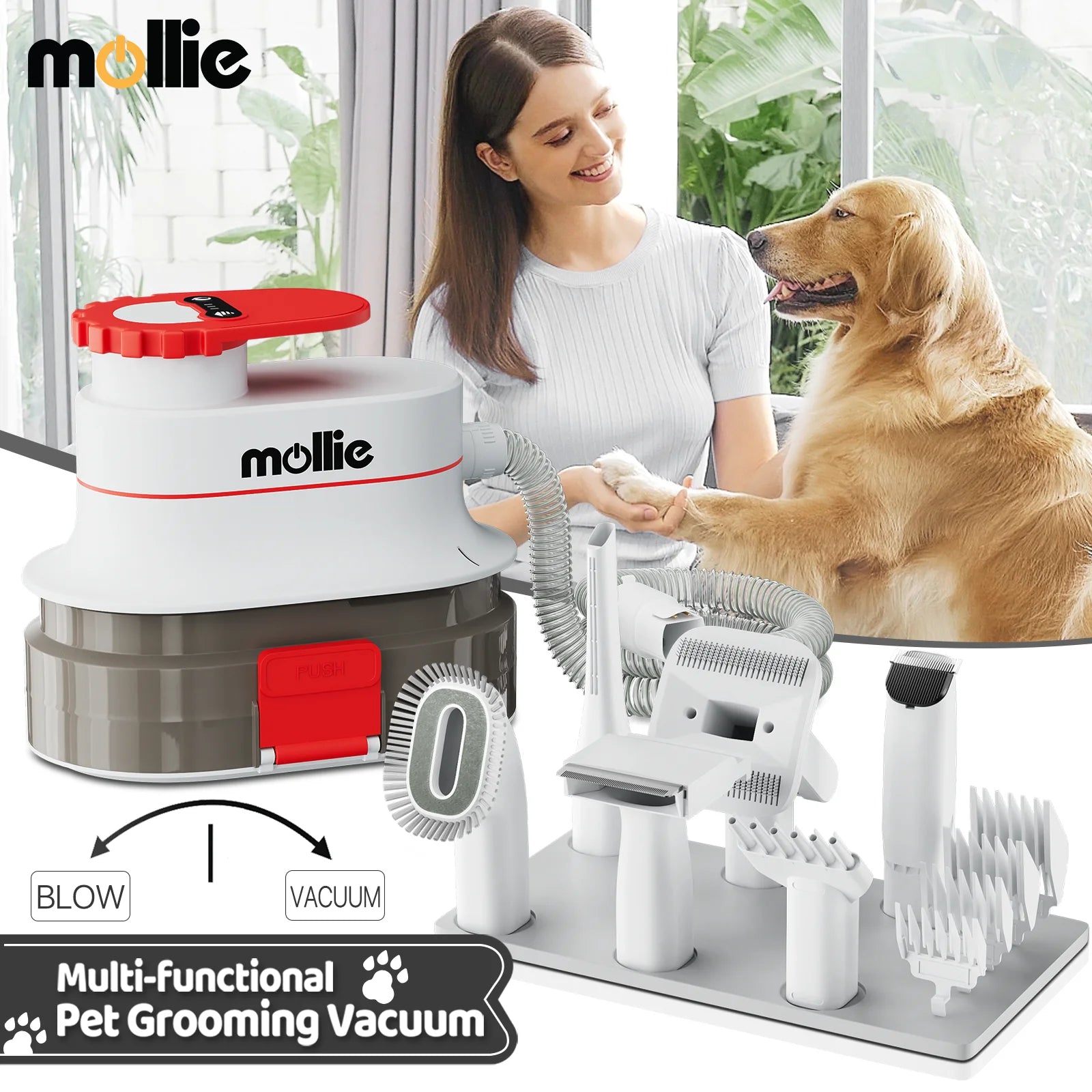 3In1 Dog Grooming Kit & Vacuum & Blower, Professional Pet Grooming Trimmer with Guide Combs, Dog Cat Hair Dryer with 3 Modes Speed Adjustable, 4L Dust Cup, Red