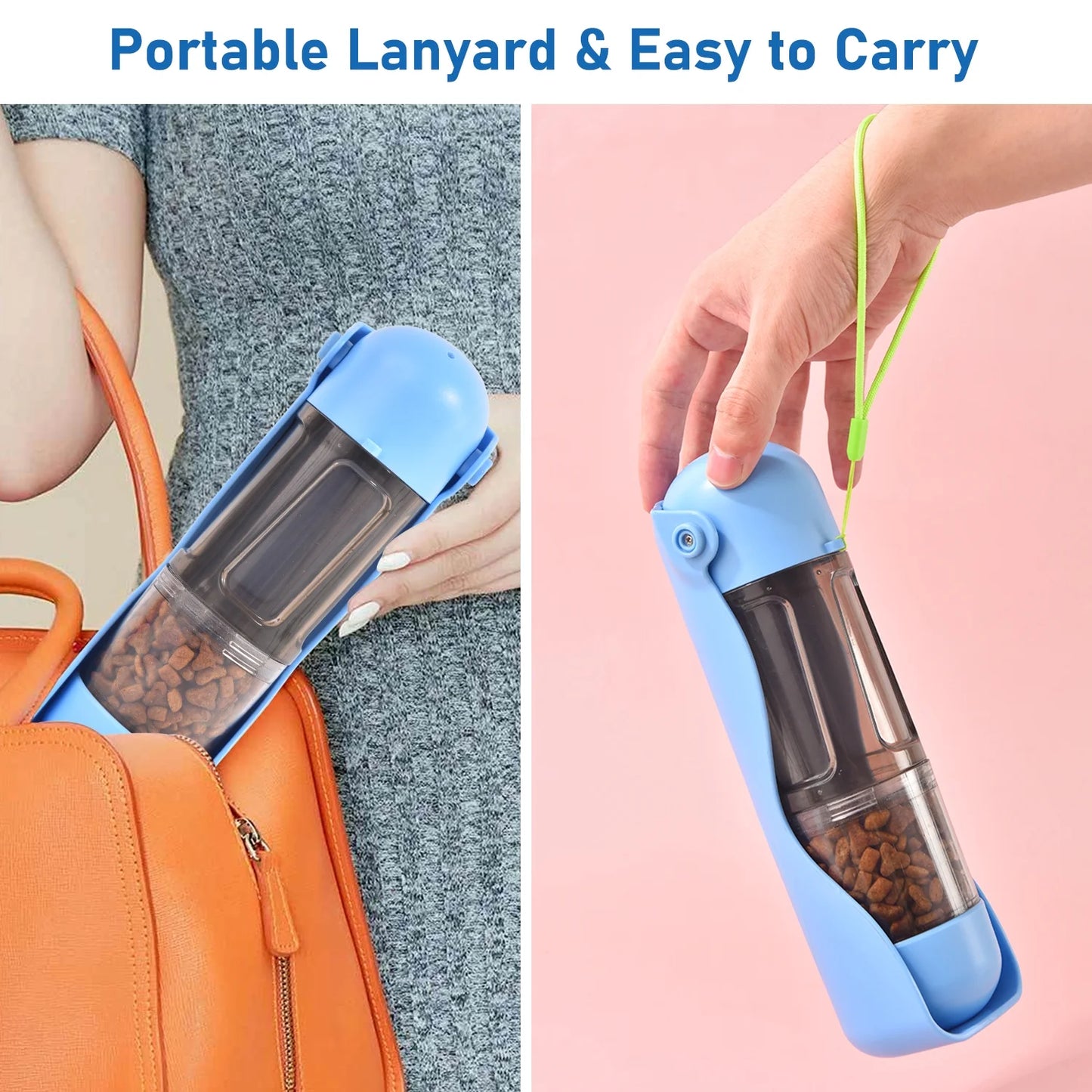 2 in 1 Dog Water Bottle Portable, 10 OZ Dog Water Dispenser & 7 OZ Dog Food Dispenser, Leak Proof Dog Travel Water Bottle with Dog Shovel & Garbage Bag, Outdoor Water Dispenser for Dogs Cats