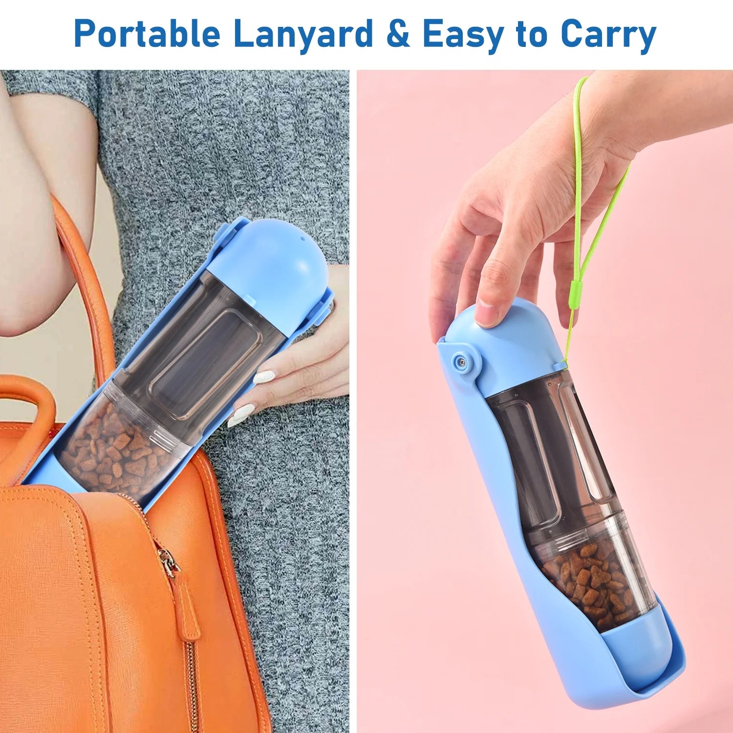 2 in 1 Dog Water Bottle Portable, 10 OZ Dog Water Dispenser & 7 OZ Dog Food Dispenser, Leak Proof Dog Travel Water Bottle with Dog Shovel & Garbage Bag, Outdoor Water Dispenser for Dogs Cats