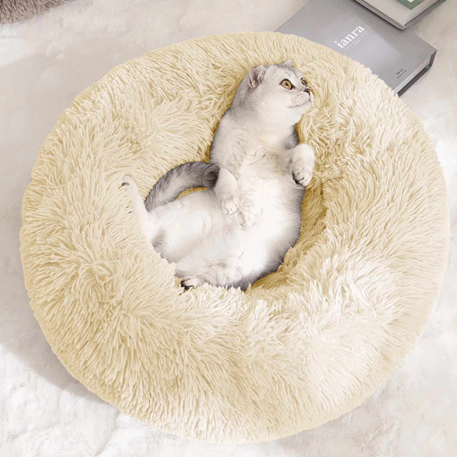 Calming Donut Dog Bed Anti-Anxiety, Self Warming, Cozy Soft Plush round Pet Bed Indoor, Ideal for Both Home & Travel, 24"L X 24"W X 8"H