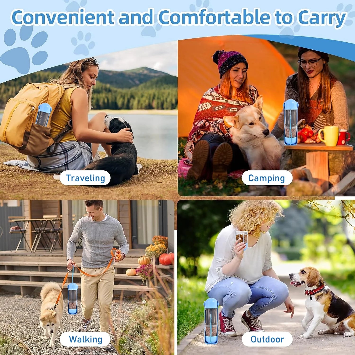 2 in 1 Dog Water Bottle Portable, 10 OZ Dog Water Dispenser & 7 OZ Dog Food Dispenser, Leak Proof Dog Travel Water Bottle with Dog Shovel & Garbage Bag, Outdoor Water Dispenser for Dogs Cats