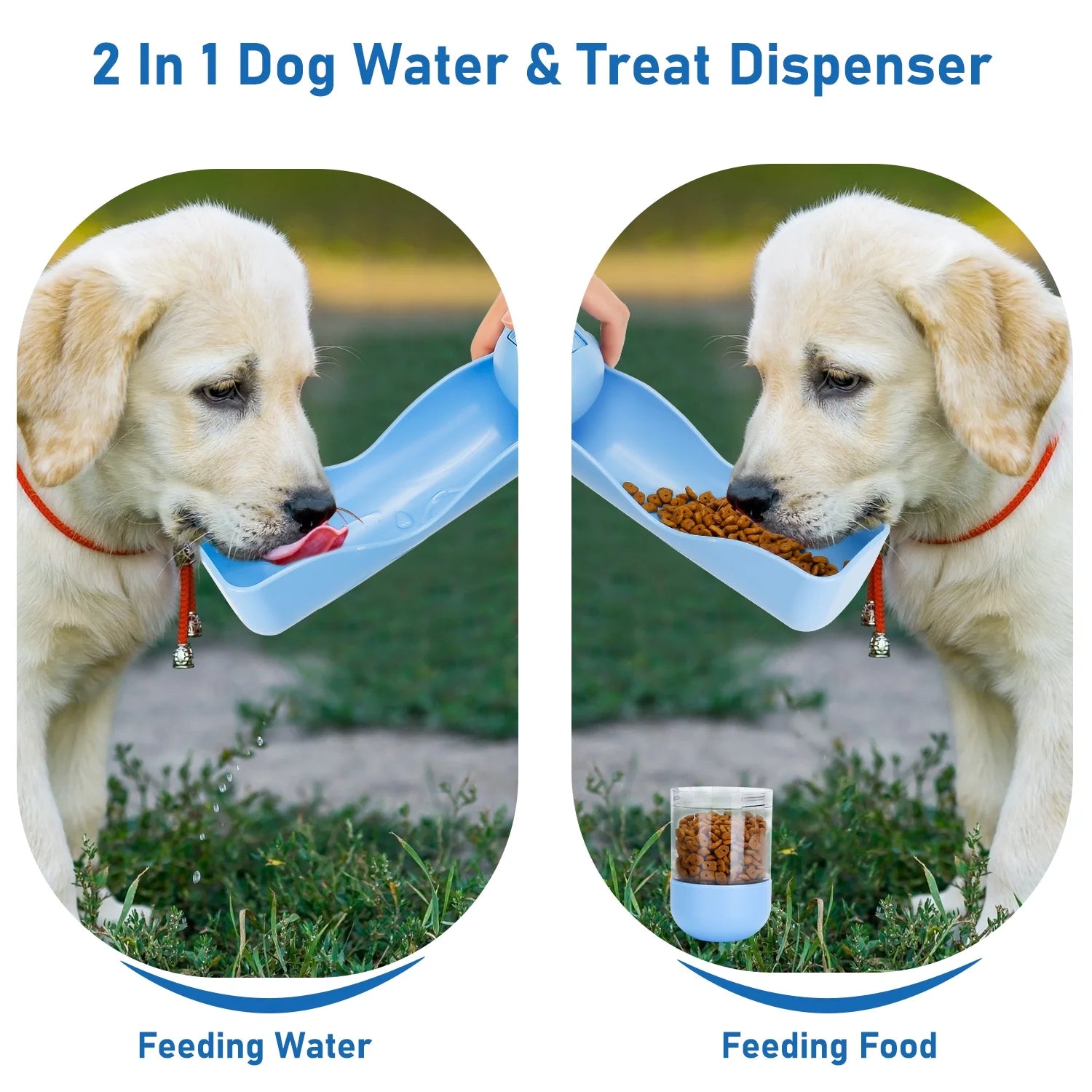 2 in 1 Dog Water Bottle Portable, 10 OZ Dog Water Dispenser & 7 OZ Dog Food Dispenser, Leak Proof Dog Travel Water Bottle with Dog Shovel & Garbage Bag, Outdoor Water Dispenser for Dogs Cats
