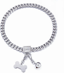 Silver Cuban Link Dog Collar Chew Proof Metal Stainless Steel Dog Chain Collar with CZ Lock,Id Tag and Bell 11/15/19MM for Small Medium Large Dogs(11Mm,10Inch)