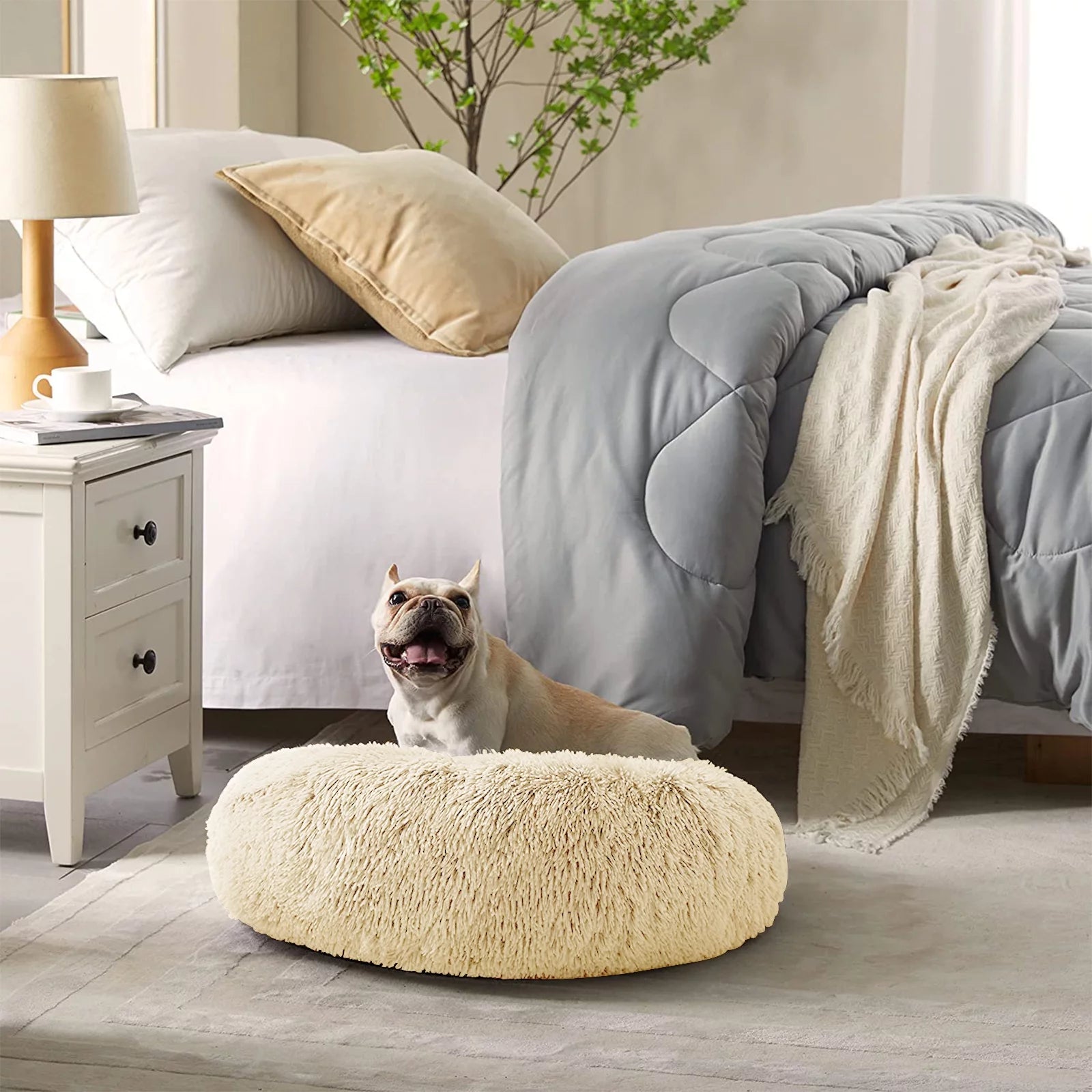 Calming Donut Dog Bed Anti-Anxiety, Self Warming, Cozy Soft Plush round Pet Bed Indoor, Ideal for Both Home & Travel, 24"L X 24"W X 8"H