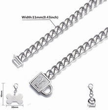 Silver Cuban Link Dog Collar Chew Proof Metal Stainless Steel Dog Chain Collar with CZ Lock,Id Tag and Bell 11/15/19MM for Small Medium Large Dogs(11Mm,10Inch)