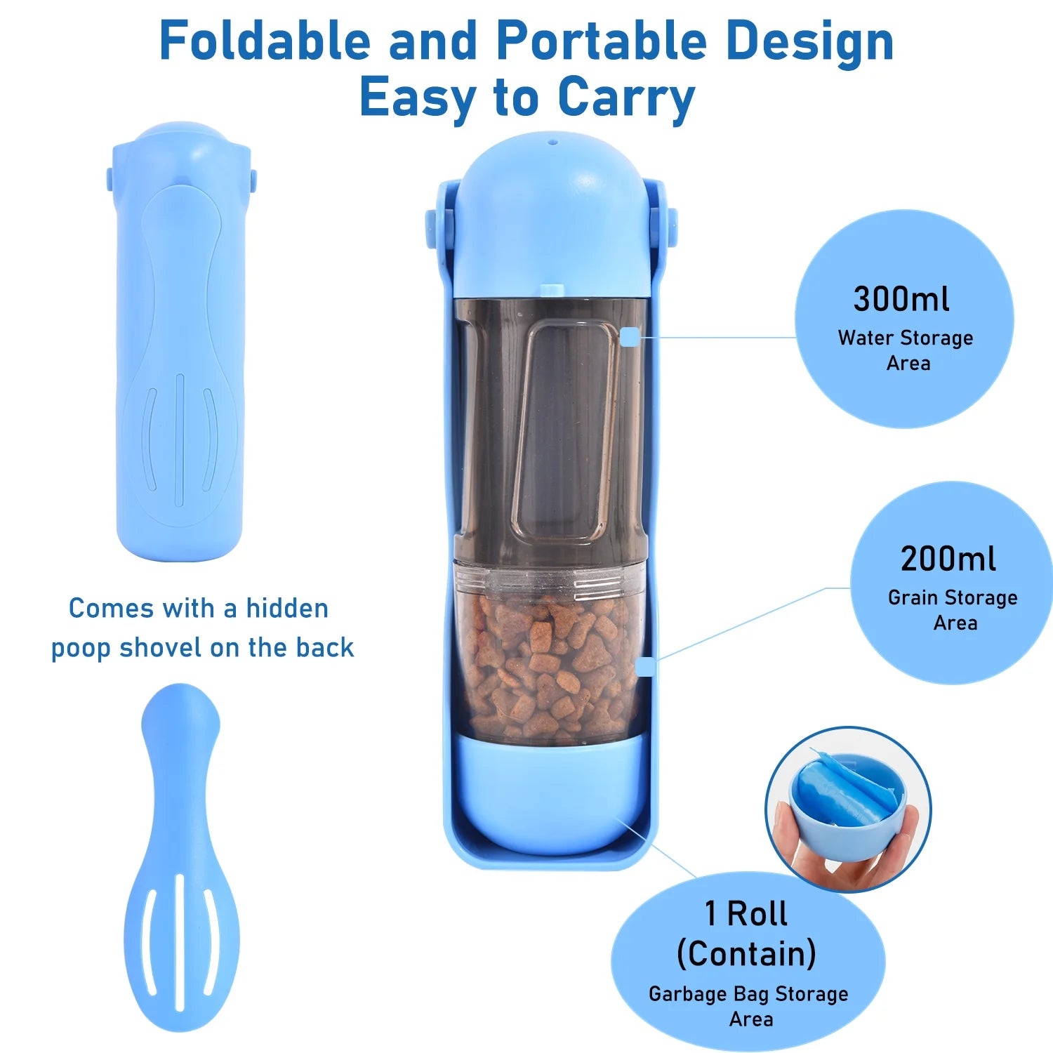 2 in 1 Dog Water Bottle Portable, 10 OZ Dog Water Dispenser & 7 OZ Dog Food Dispenser, Leak Proof Dog Travel Water Bottle with Dog Shovel & Garbage Bag, Outdoor Water Dispenser for Dogs Cats